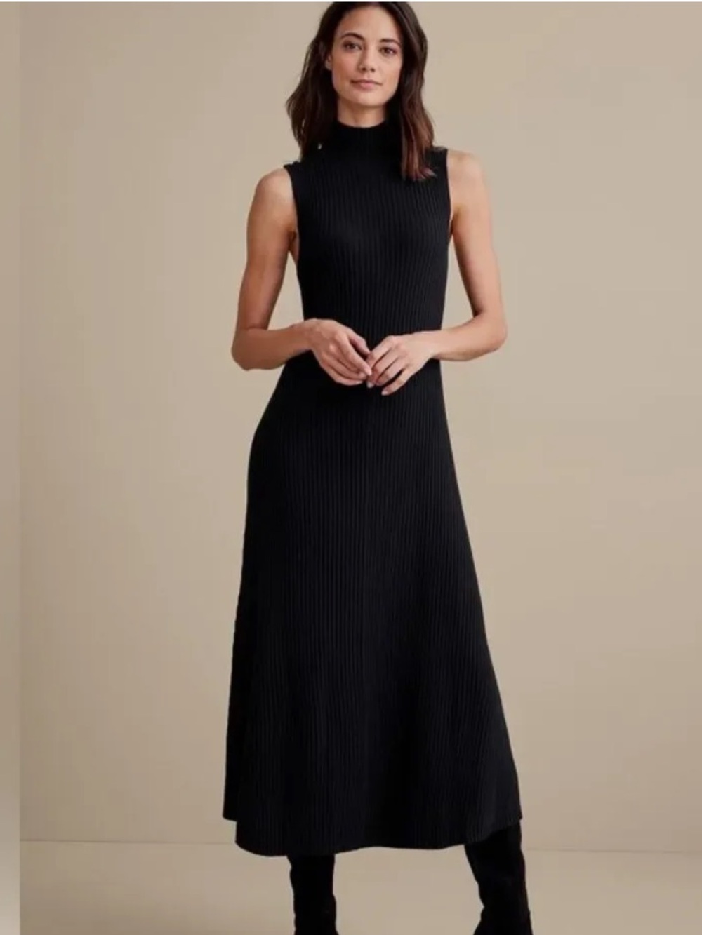 NWT Soft Surroundings Black Ribbed Mock Neck Sleeveless Midi Sweater Dress PL